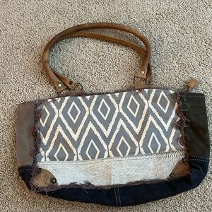 Myra Tracing Small Bag Gray/Brown Leather Canvas Fringe Handbag S-1336